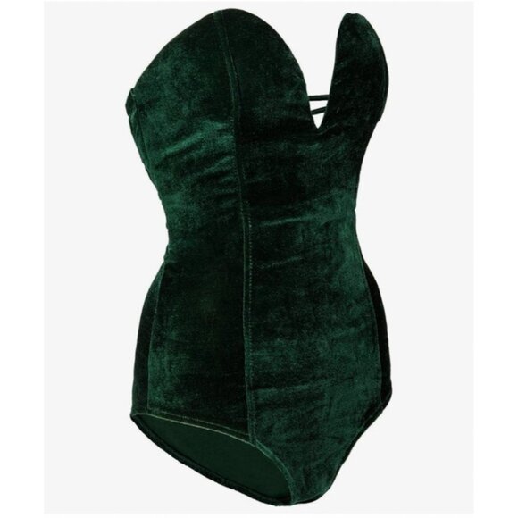No brand Tops - Green Velvet Strapless Sweetheart Neckline Bodysuit With Snap Closure & Lace-Up
